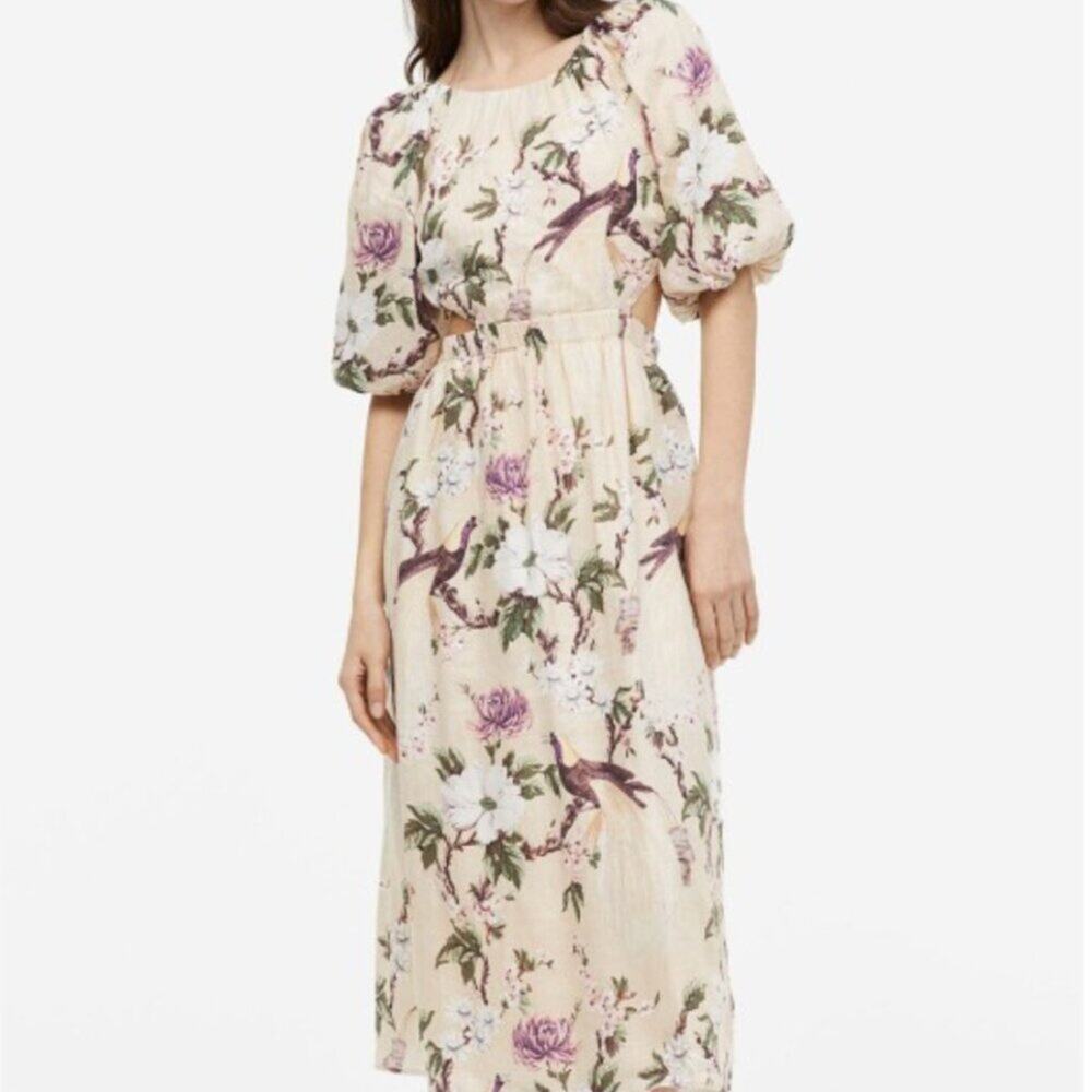 NWT H&M Voluminous Cut-Out Floral Puff Sleeve Linen Dress Size XS - Picture 6 of 7
